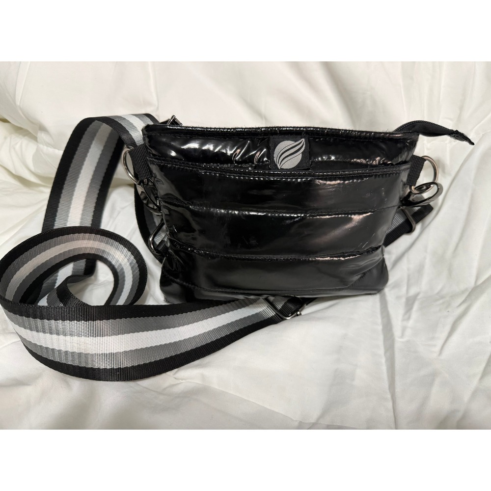 Think Royln Bum Bag Black Patent Quilted Puffer Crossbody Striped Strap Bag